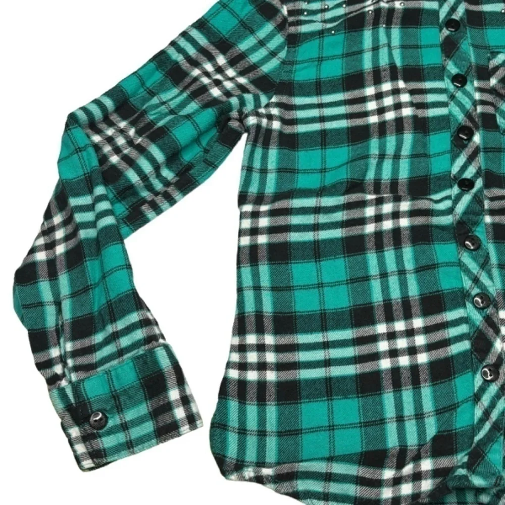 Justice Girls Top Size 7 Teal Black White Plaid Long Sleeve Button Down Shirt